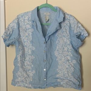 Joie Light Blue floral 100% Linen slightly cropped top